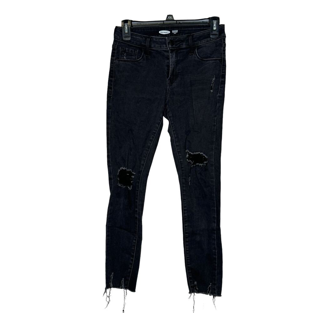 Old Navy Women's Jeans Rockstar Super Skinny Ankle Frayed Hem Distressed Black 2